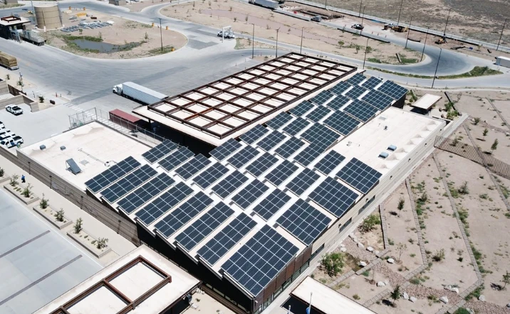 Commercial building with solar panels covering its roof